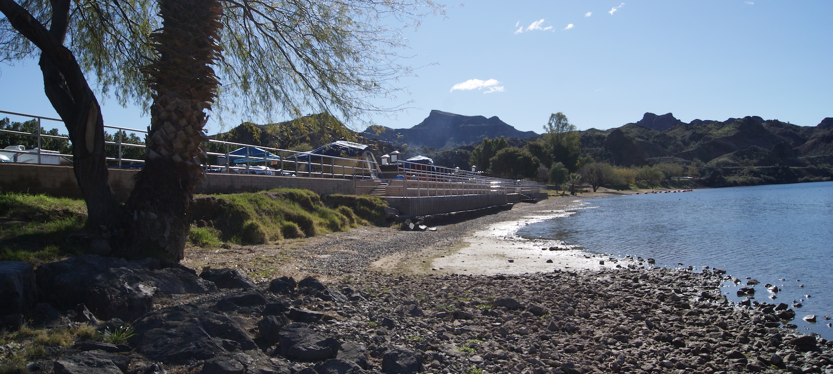 The Colorado River laps against the shoreline