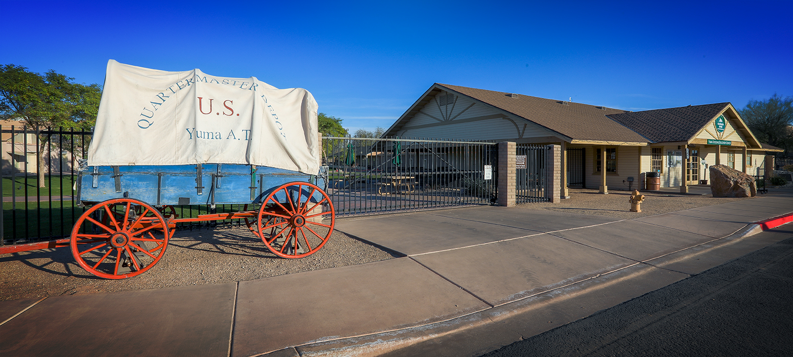 A covered wagon outside the park