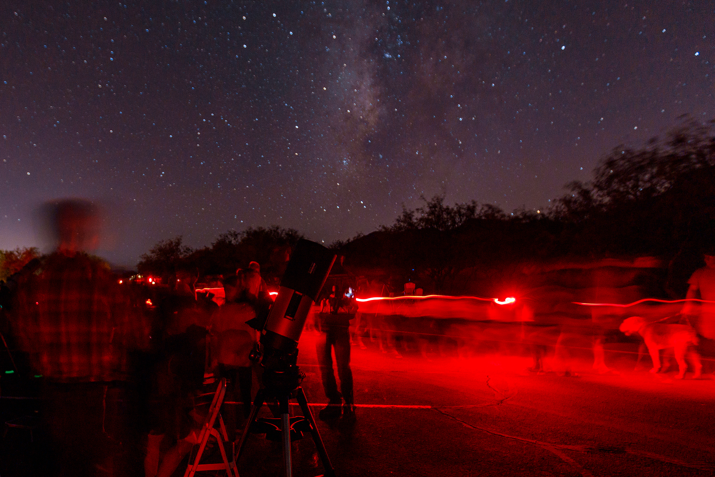 Visitors look through telescopes under a starry night sky.