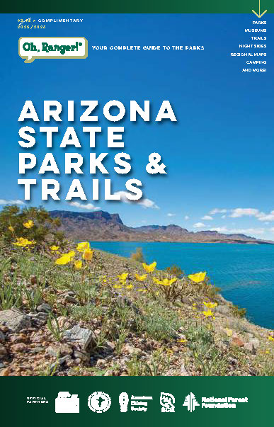 The cover of the 2025-26 Arizona State Parks and Trails Green Guide, showing Cattail Cove State Park