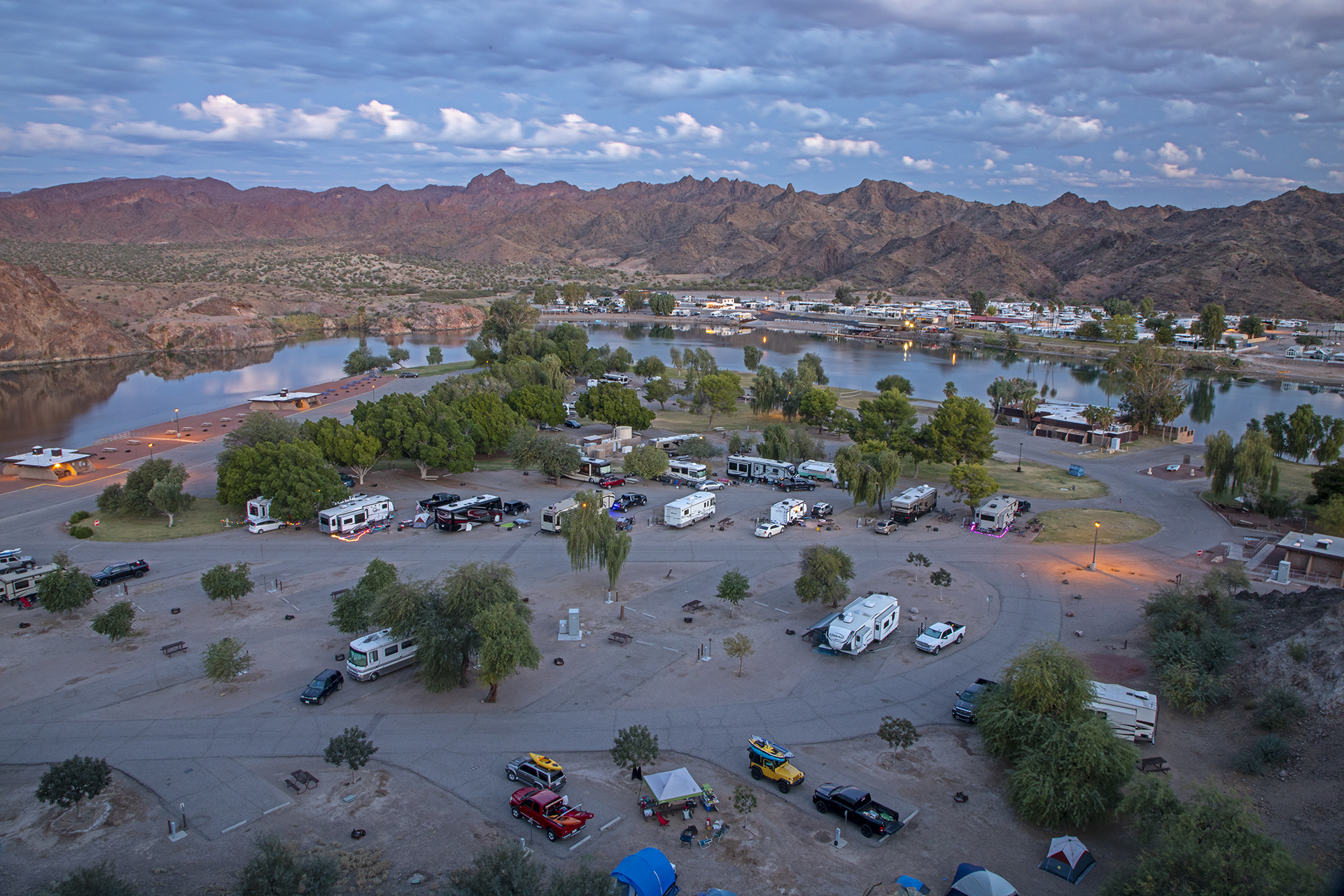 An overview of Buckskin Mountain State Park along the Colorado River