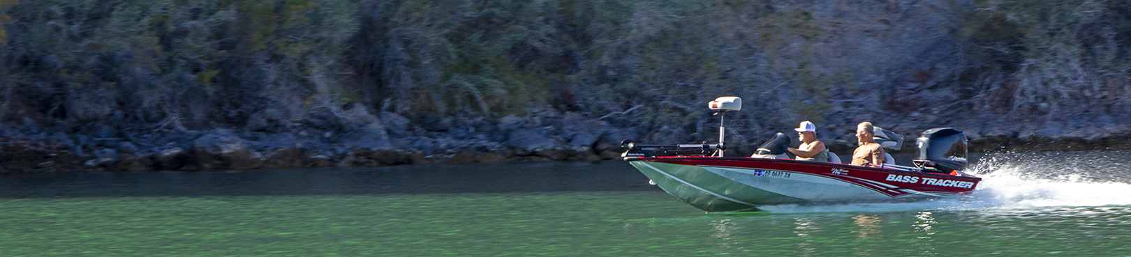 Two anglers race toward their fishing spot in a bass boat on the green Colorado River water of Buckskin Mountain State Park.