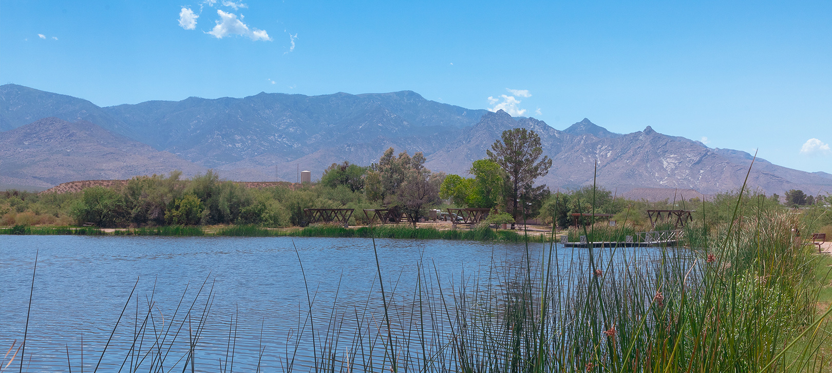 A view of Mount Graham over the blue water at Dankworth Pond State Park