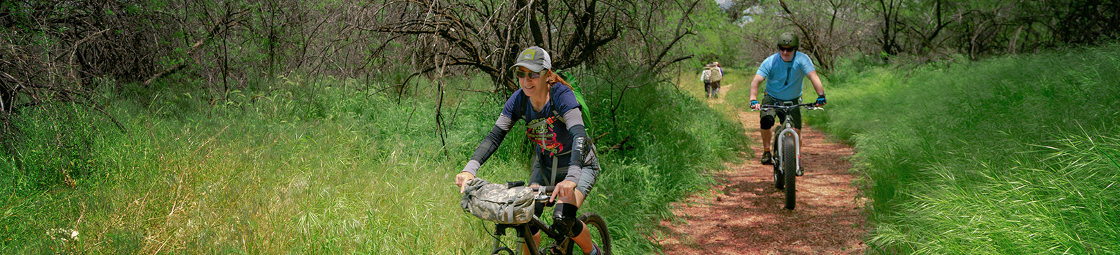 Mountain bikers and hikers on a shared use trail that traverses through a mesquite bosque lined with tall green grasses.