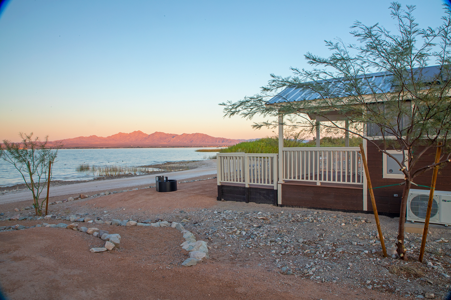 A view of the lake and cabin at Lake Havasu State Park