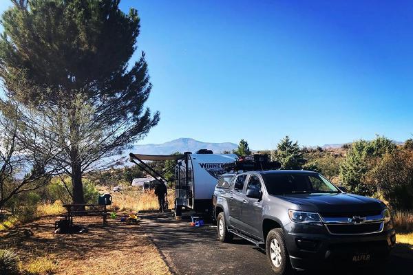 An RV set up at the campground